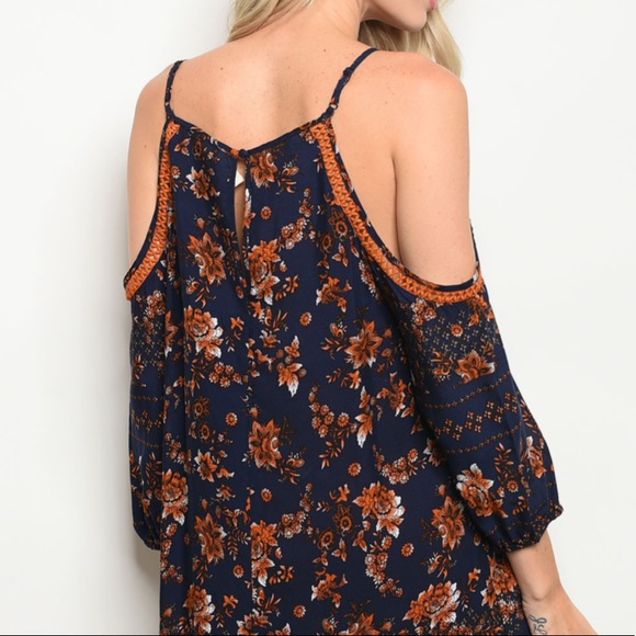 Brand New Navy Floral Boho Cold Shoulder Dress - Picture 2 of 7